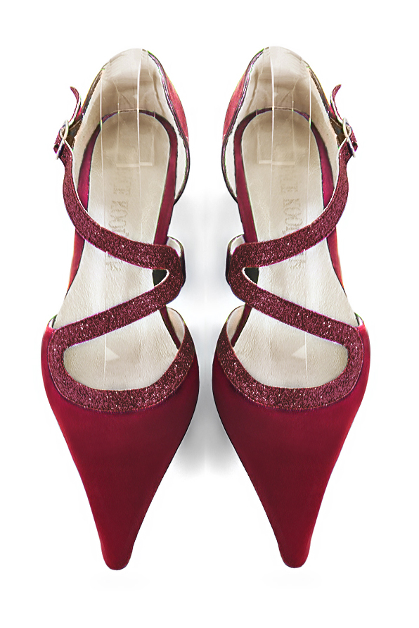 Burgundy red women's open side shoes, with snake-shaped straps. Pointed toe. Low block heels. Top view - Florence KOOIJMAN